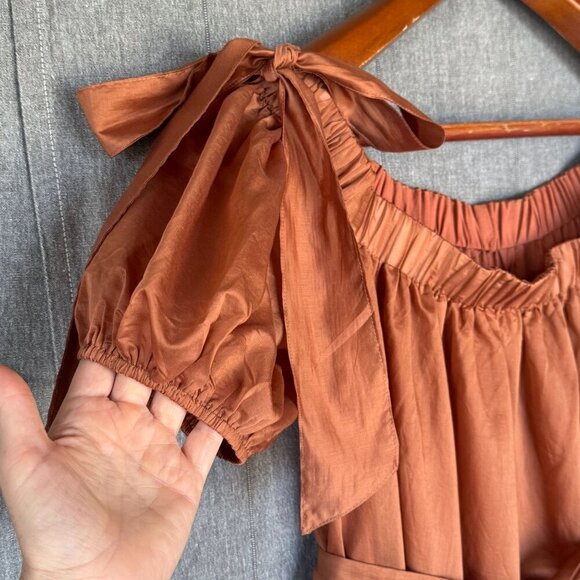 Lulus Charming Adoration Brown Off The Shoulder Bow Tiered Midi Dress Size XL - Picture 5 of 14